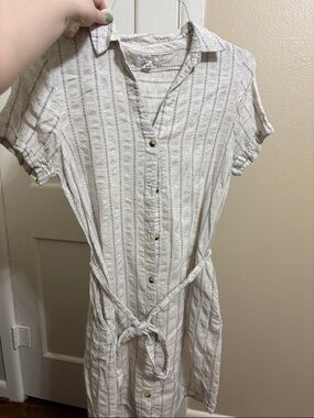 Japna Cream Midi Shirt Dress with Blue Stripes